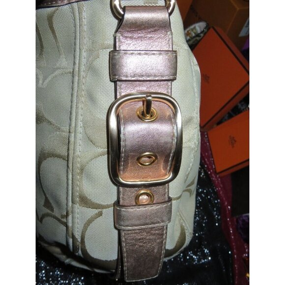 Coach 09 Zoe Signature Canvas Jacquard Khaki & HTF Rose Gold Hobo Handbag 12674 - Picture 5 of 15